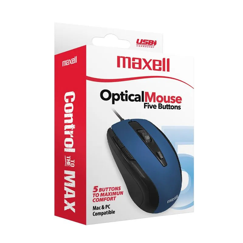 Mouse Óptico Maxell de 5 Botones | Con Cable USB | Azul