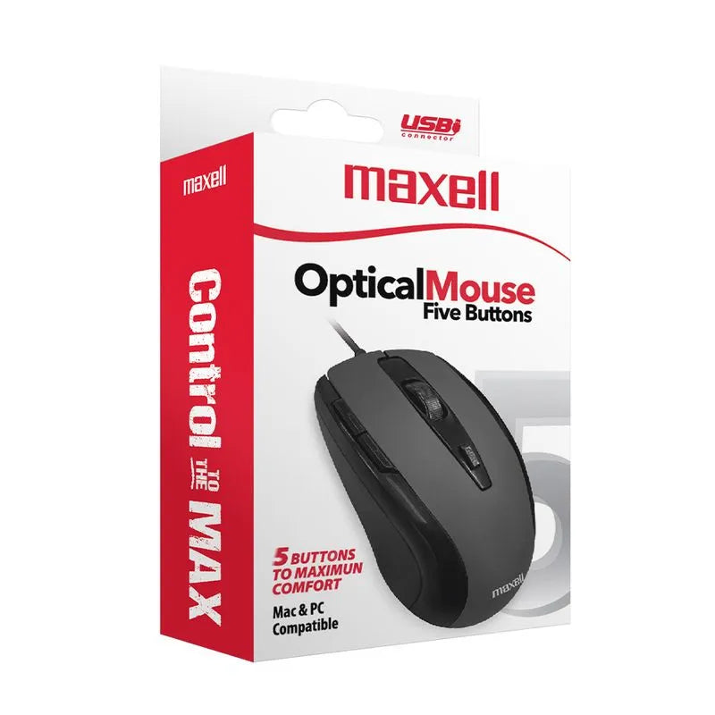 Mouse Óptico Maxell de 5 Botones / Con Cable USB / Negro
