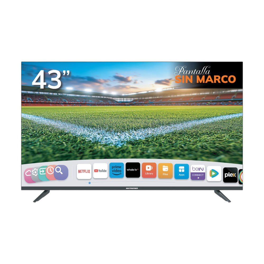 Premier Smart TV 43 pulg Full HD sin marco. Android 13, control por voz, TV Casting, DVB-T2 y montaje de pared incluido. ¡Compra en electrónica Titan.com.pa!