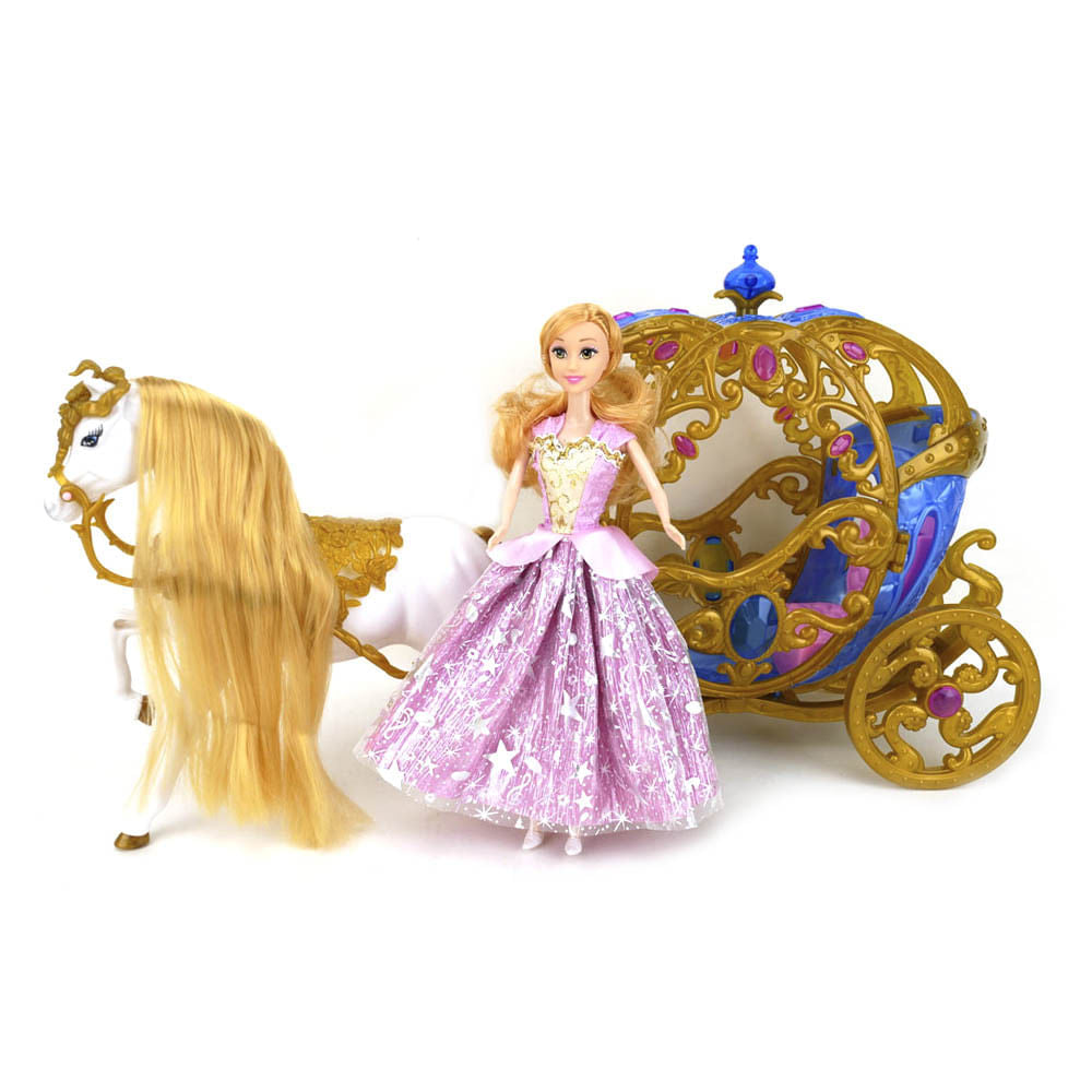 Muñeca Con Carruaje De Caballo Fantasía Rosa