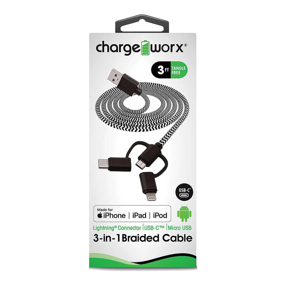 Cable Para Cargar Chargeworx de 3 en1 Negro