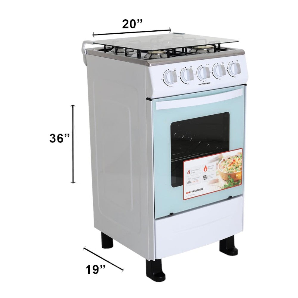 Estufa a Gas Premier / 4 Quemadores / Blanca /  Tapa de Vidrio