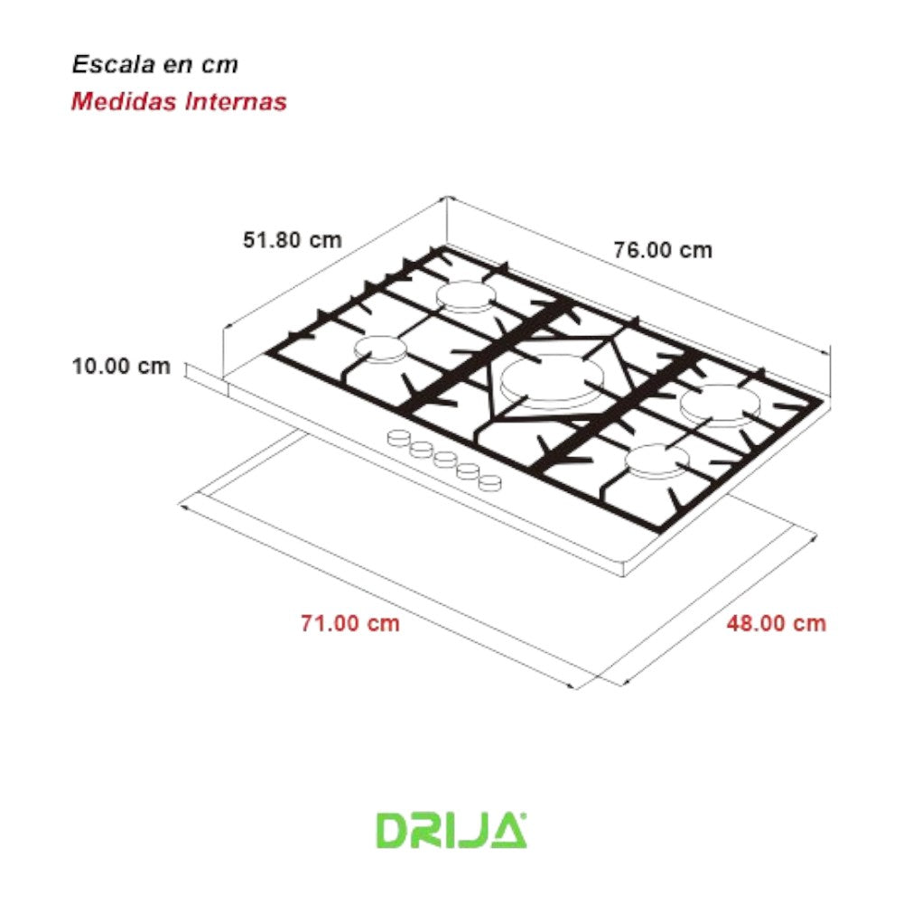 Estufa a Gas Drija Vitro de 30" / 5 Quemadores / Ferrara 76