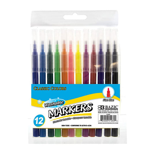 Marcadores Finos Lavables Bazic 12 Colores