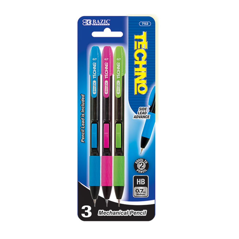Lápiz Mecánico Bazic Techno de 0.7 mm 3 Piezas - Surtido