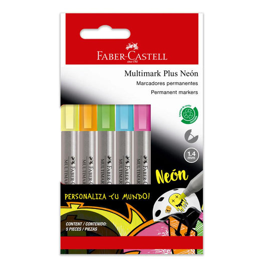 Marcadores Permanentes Faber Castell Multimark Plus Neón 5 Piezas