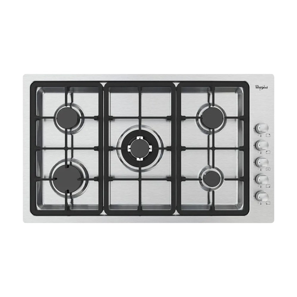 Estufa empotrable Whirlpool 36 pulg a gas, 5 quemadores, encendido eléctrico, acero inoxidable, diseño moderno. En Titán Panamá.