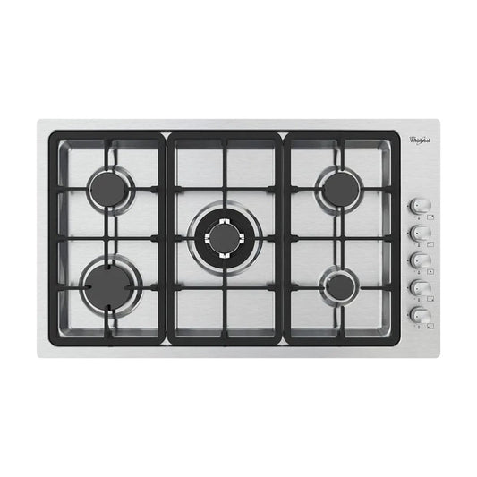 Estufa empotrable Whirlpool 36 pulg a gas, 5 quemadores, encendido eléctrico, acero inoxidable, diseño moderno. En Titán Panamá.