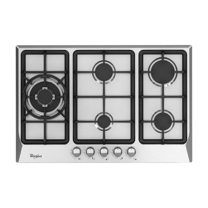 Estufa empotrable Whirlpool 30 pulg WP3040S a gas, 5 quemadores, encendido electrónico, parrillas de hierro fundido y superficie en acero inoxidable. En Titán Panamá.