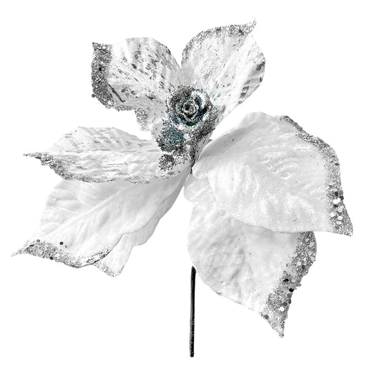 Flor Navideña Poinsettia 30 cm / Blanca y Plateada / Montefiori Christmas - Montefiori Christmas - Titan.com.pa - 7453121012590