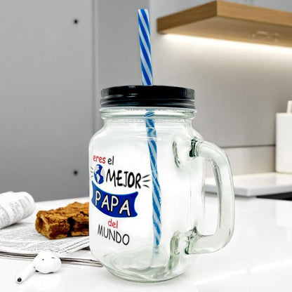 Vaso de vidrio Beneli Home Con Tapa Y Carrizo / El Mejor Papá del Mundo - Beneli Home - Titan.com.pa - 7453129412897