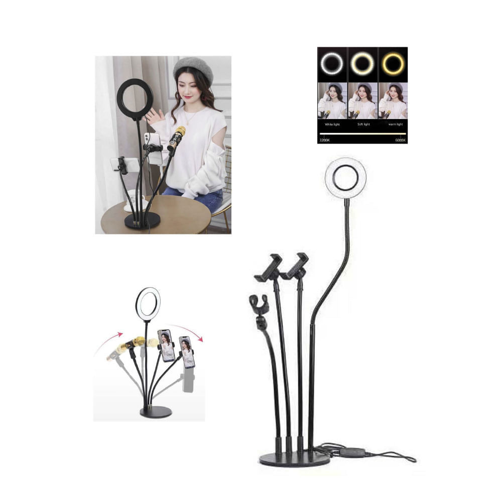 Aro de Luz Con 3 Soporte Para Celular y Micrófono